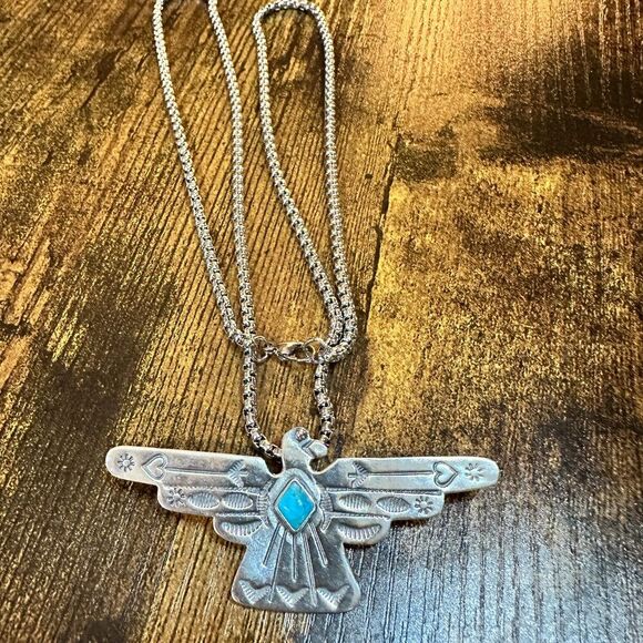 Native American Handcrafted Thunderbird Turquoise and Silver Pendant Necklace, - Picture 10 of 11